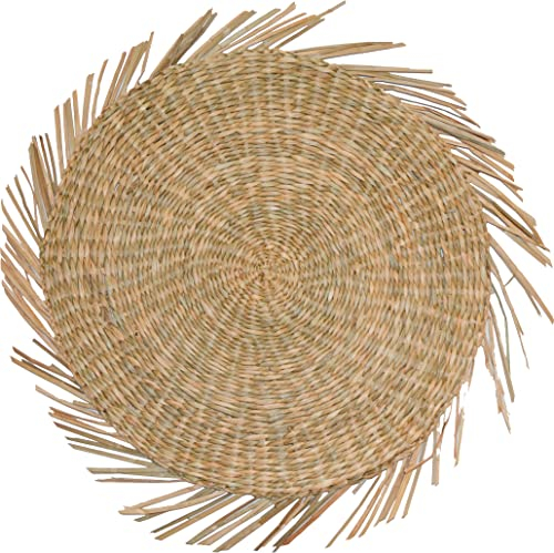 Pack 6 Salvamanteles Mimbre Natural con Flecos, Manteles Individuales Diametro 38cm, Salvamanteles Rafia Trenzados Color Natural Estilo rústico para Comedor