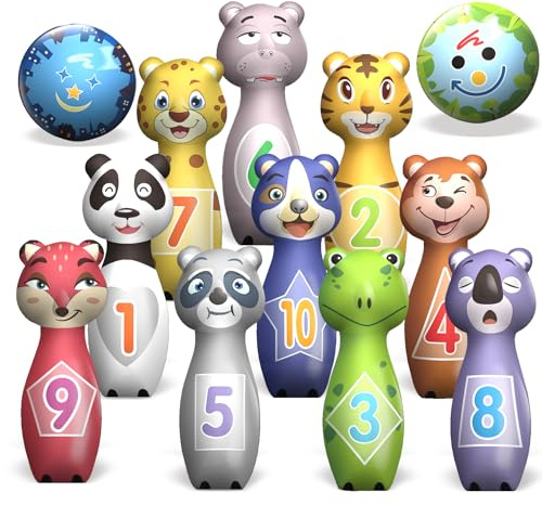 STAY GENT Animali Birilli Bowling Bambini con 10 Birilli e 2 Palle, Esterno Interno Morbido Set da Birilli, Bowling Ball Set Regali Educativi per 3 4 5 Anni Compleanni di Natale