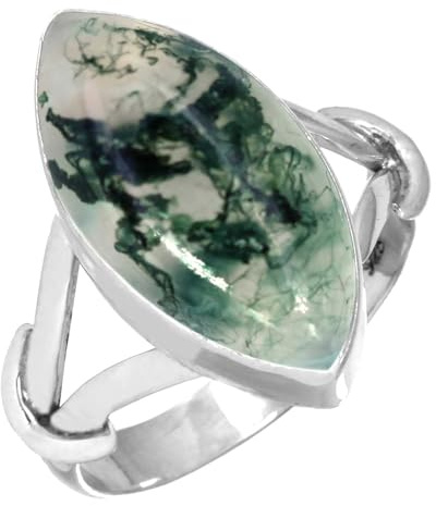 Jeweloporium Bague en argent sterling 925 avec agate mousse verte, taille 54, pour femme, bijou bohème en véritable pierre marquise