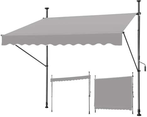 JNGLGO Klemmmarkise mit Handkurbel 200cm breit Balkonmarkise ohne Bohren Markise Höhenverstellbar Sonnenschutz UV-beständig für Balkon Terrasse, Grau