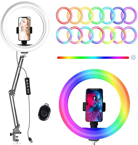 10.2 Selfie Ring Light with Stand, Overhead Camera Mount with Phone Holder for Desk, 12 Dimming Levels, 53 Color Modes, Stepless Dimmable/Speed LED Ring Light for Live Stream,Make Up,YouTube,TikTok
