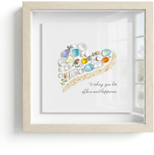 Seahorizon Sea heart. Handmade Sea Glass Art Wall Decor, 8 x 8 Inch Wood Framed Wall Art, Made of Sea Glass, Shells, and Pebbles