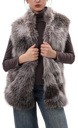 Amazhiyu Chaleco de piel para mujer, abrigo de piel, chaqueta larga, chaqueta de piel sintética, abrigo de invierno y otoño, sin mangas, abrigo de piel sintética, chalecos elegantes, con bolsillos y