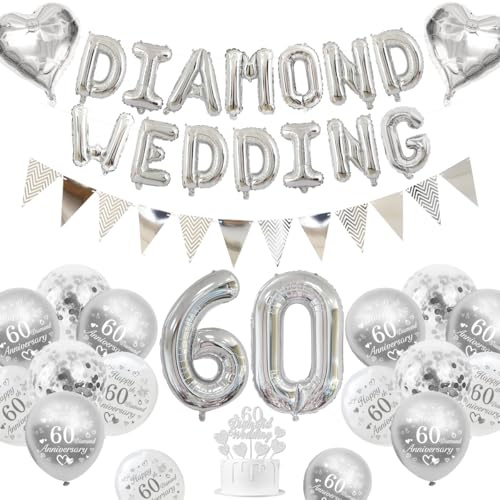 Diamond Wedding Decorations, 60th Wedding Anniversary Decorations Happy 60th Anniversary Balloons Metallic Silver White Balloons Banner 60 Diamond Wedding Cake Topper