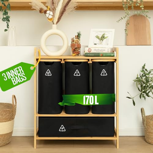 Terratur 4 Section Recycling Bin for Kitchen – Dual Trash and Recycle Bins for Paper, Plastic, Cans – Indoor Bamboo Recycling Organizer – Decorative Wooden Recycle Bins for Kitchen & Office