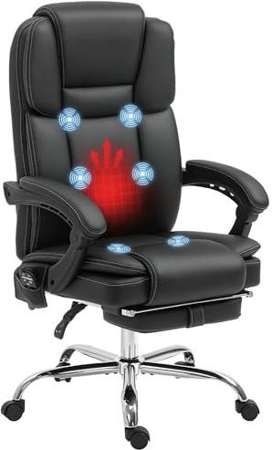 Vinsetto Office Chair with 6-point Vibration Massage and Heat, PU Leather High Back Recliner Desk Chair with Adjustable Height, Armrest, Footrest for Home, Black