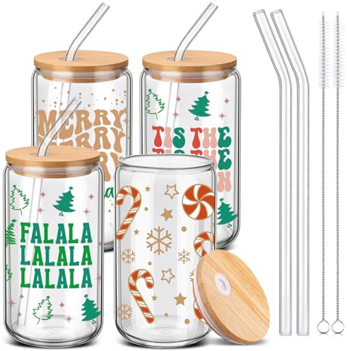 SiliFine 4 Pcs Christmas Glass Cups with Lids and Straws, 16 oz Brown Green