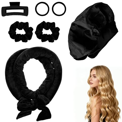 HVIHWI Rizador Sin Calor para Rizos Sin Calor, Banda de Terciopelo para Ondas Sin Calor Durante la Noche, Set de Peinado con Gorro de Dormir para Cabello Largo y Mediano, Negro