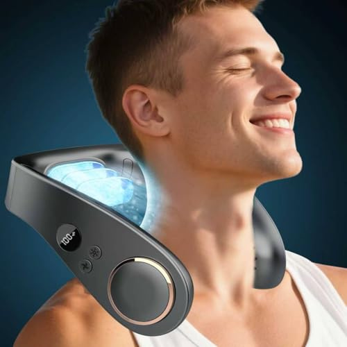 Kouric Neck Fan with Cooling Plate,Quiet 35dB,Max 24H Cooling,USB 5500mAh Battery,5 Speed&Power LED Display,Bladeless Fans to Wear Round,Personal AC Cooler for Women,Men,Kids,Travel,Outdoor,Black