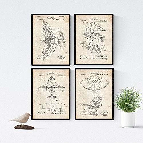 Nacnic Vintage Flugzeuge Patent Poster 4-er Set. Vintage Stil Wanddekoration Abbildung von Luftfahrt und Flugmaschine. Bilder von Leichtflugzeuge, Tragflächen und Zeppelin | Größe A4.