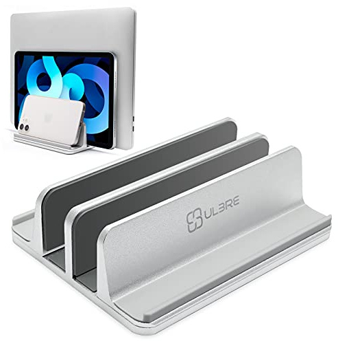 ULBRE Vertical Laptop Stand for Desk Metal Heavy Duty, 4 Slots Adjustable 4in1 Vertical MacBook Stand Rack Pro Holder Compatible w' All Surface Dell Samsung HP Chromebook Upto 17.5' - Sliver