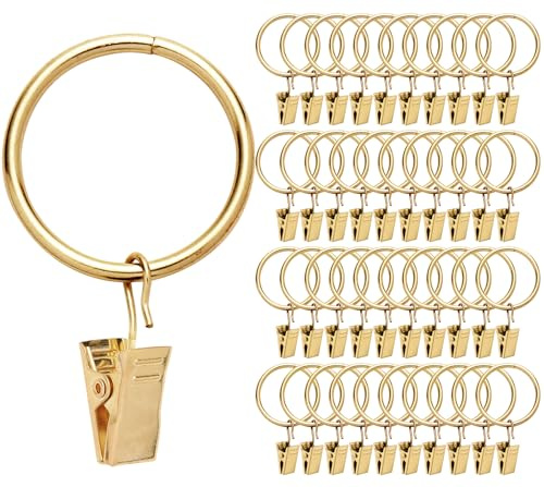 Fivebop 40 Pack Rings Curtain Clips Rustproof Metal Window Drapery Clip Vintage Heavy Duty Eyelet Curtain Rods Hangers Rings with Hooks, 1.25In Inner Diameter (Golden-Non Open)