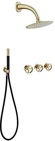 Duschsystem, Industriestil Duschset Duscharmatur Messing Duschsäule Wandhalterung Duschsystem Regendusche mit Handbrause, 8 Zoll Duschkopf, 3 Schaltgriffe,Brushed Gold