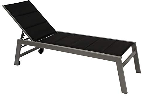 DEGAMO XL Gartenliege Rollenliege GIRONA II 205cm, extra hohe Liegefläche 43cm, Rahmen Aluminium Silbergrau, Bezug Kunstgewebe schwarz gepolstert, wetterfest, Outdoor