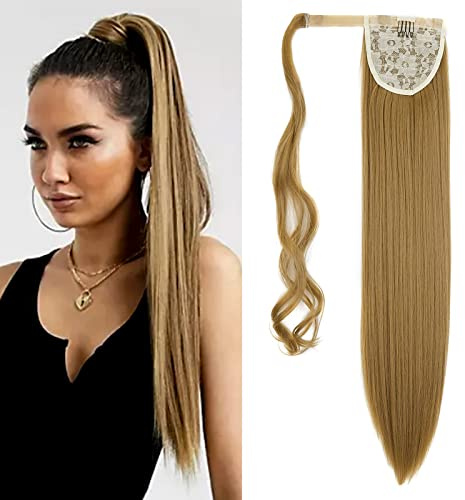 Gairyan Ponytail Extension slät 60 cm lindad hårförlängning fläta hästsvans hårdel fläta förlängningar rak långt syntetiskt hår fläta hårstycke syntetiskt hår för kvinnor (mörkblond)