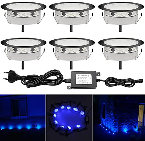 CHNXU 6er Set LED Bodeneinbaustrahler, Blau Terrassenbeleuchtung Bodenlampe Aussen Ø80mm 2.5W Treppen Einbauleuchten IP67 Wasserdicht Außenleuchten für Terrasse, Garten, Balkon, Küche, Schwarz