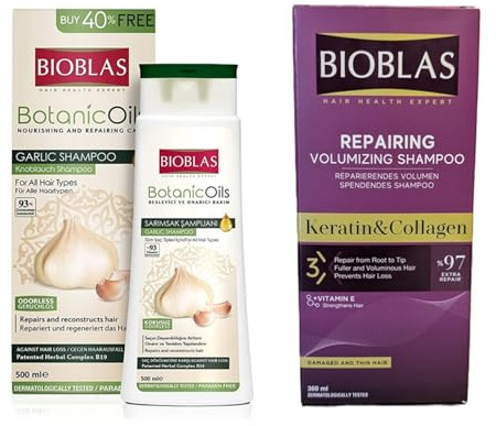 Bioblas Shampoo Sparset 360ml Collagen und Keratin + 500ml Knoblauch Shampoo