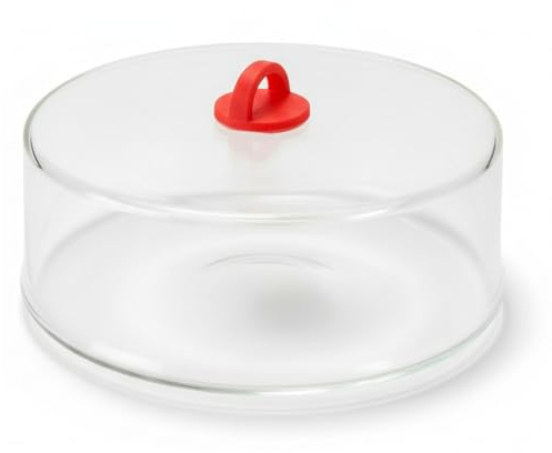 Tall Microwave Tempered Borosilicate Glass Plate Cover with Red Easy-Grip Silicone Handle - Steam Food Without Venting - Microwave/Oven/Stove Safe - 10 x 4