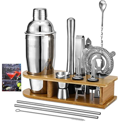 Simrzikr Juego de 14 cocteleras de acero inoxidable 304 de 25 onzas con colador, receta, pajita, mortero, mezcladores de bebidas a prueba de fugas, kit de coctelera y accesorios de bar para el hogar