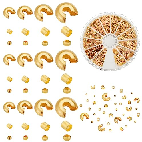PandaHall Ca. 1591 Stück Schmuckherstellungs Set 12 Stile Goldene Messing Quetschperlen Quetschperlen Knotenabdeckungen Halbrund Offene Quetschperlenabdeckungen Für DIY Handwerk Halskette Armband