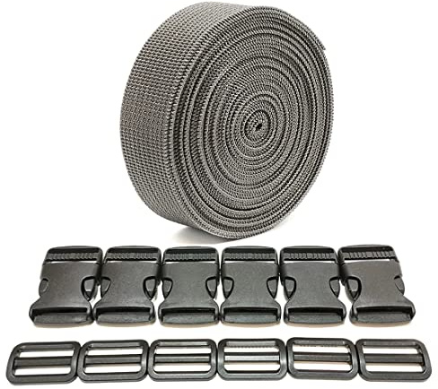 Rucksackband 3 Meter x 50 mm + 12 Plastikschnallen, Nylonband mit Schnallen, Rucksackriemen, Gepäckband, Kofferriemen, (50 mm, grau 317)