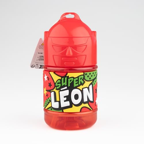Personalisierte Kinder-Trinkflasche, Wasserflasche mit Strohhalm – Super Léon