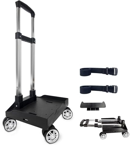 Carrello con ruote a spalla, carrello pieghevole in lega di alluminio con base protettiva, 4 ruote girevoli, carrello per bagagli con cinghia per bagagli per adolescenti, adulti, scuola