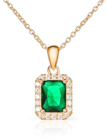 Diamond Treats Damen-Halskette mit Smaragdschliff aus 925er Sterlingsilber mit weißen, grünen, blauen oder roten Zirkonia-Steinen, elegante rechteckige Halskette aus Silber mit Geschenkbox