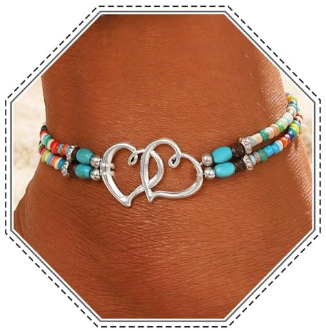 Jovono Boho-Fußkettchen in Herzform, mehrlagiges Türkis, Armband, Perlen, verstellbares Fußkettchen-Set für Damen und Mädchen (A)