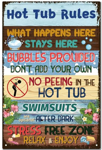 CREATCABIN Bathroom Metal Tin Sign Vintage Retro Hot Tub Rules Wall Mounted Decor Art Mural Hanging Iron Painting for Home Bar Garden Pub Kitchen Living Room Office Garage Poster Christmas 12x8 Inch