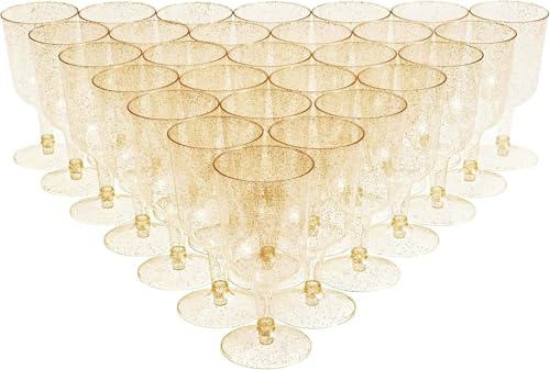 MATANA 50 Verres à Vin en Plastique avec Paillettes Dorées, 170ml - Solides et Réutilisables - Gobelets pour Cocktails, Dessert - Parfaits pour Les Fêtes, Anniversaires, Mariages, Noël