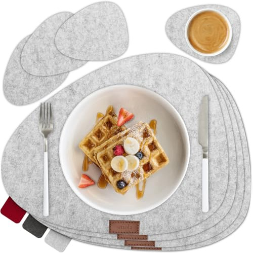 smøla 8-teiliges Premium Filz Tischset - Oval inkl. Untersetzer I Platzset Abwaschbar Grau I Platzdeckchen Set Abwischbar mit Filzuntersetzer für Teller, Gläser I Tischdeko Frühling Edelgrau