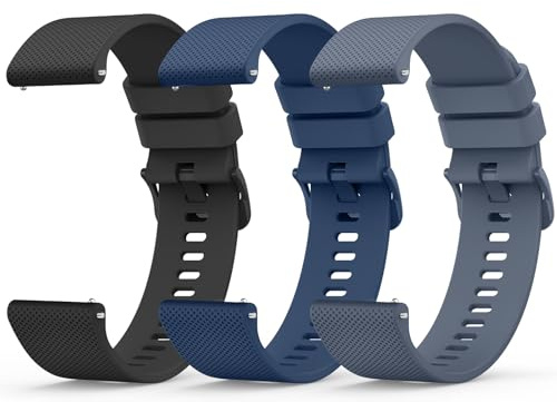 Wanme 3 Pièces 22mm Bracelet de Montre en Silicone, Souple Bracelet de Replacement en Dégagement Rapide avec Boucle en Même Couleur Homme Femme 22mm, Noir/Bleu Marine/Bleu Gris