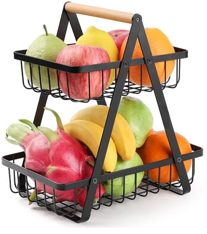 YENTAKE Etagere Obstschale, Abnehmbar Obstkorb, 2-Stöckiger Obst Etagere aus Metall, Küche Obst Etagere, Aufbewahrung für Küche, Wohnzimmer, Büro (Schwarz)