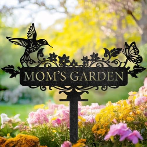 Personalisiertes Kolibri-Metall-Gartendekoration, Vogel mit Blumengartenschild, personalisiertes Hofschild, individueller Name (40,6 x 37,8 cm)