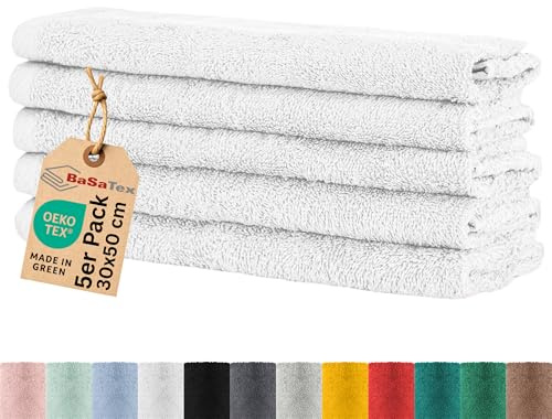 BaSaTex Gästehandtuch Frottee, 5er Pack, 30x50cm, Weiss | 100% Baumwolle-Frottee, Öko-Tex Made in Green Zertifiziert, Aufhängeschlaufe, 400gm², saugstark und langlebig