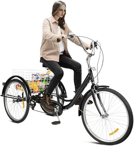 24 Zoll 8-Gang Dreirad für Erwachsene, 3-Rad-Dreirad Lastenfahrrad Einkaufen Fahrräder Erwachsenendreirad mit Einkaufskorb, 265 lbs. Fähigkeit Verstellbarer Sitz für SeniorenOutdoor-Sport /Schwarz