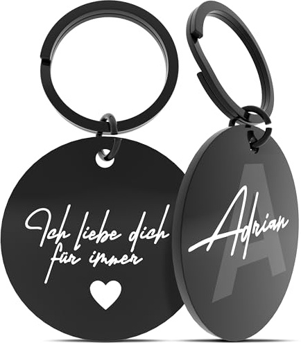 Meinearmbänder Personalisierter Schlüsselanhänger mit Monogramm und Gravur – A–Z Buchstabe mit Namen auf der Initiale und Wunschtext auf der Rückseite – Geschenk für Männer & Frauen