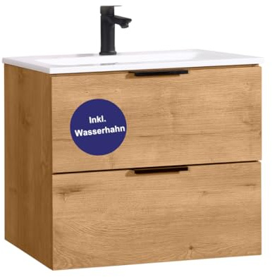Kometmöbel Mobile Bagno Sospeso 60cm con 2 Cassetti Soft-Close - Mobile con Lavabo per Bagno Padronale - Design Moderno Già Assemblato (Rovere 60cm, Con Rubinetto Nero)