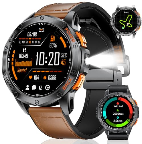 LIGE GPS Reloj Inteligente Hombre, Llamadas Bluetooth, Linterna LED, 1,43 AMOLED Smartwatch Hombre con 100+ Modos Deportivos, Brújula/Barómetro/Altímetro, Compatible con iOS y Android, Cuero Marrón