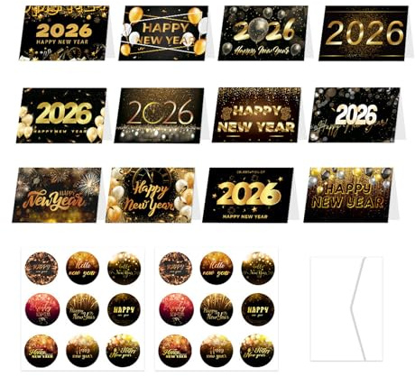 12 Pcs Happy New Year Cards 2026,New Year Cards Set Black and Gold Greeting Cards with Envelopes and NewYear Stickers for New Year's Eve Party Supplies Gifts