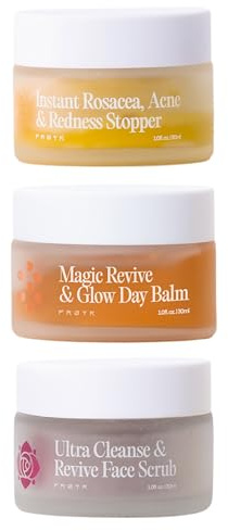 Frøya Organics The Complete Blemish System for Women | Includes Magic Revive & Glow Day Balm, Ultra Cleanse & Revive Face Scrub, Instant Rosacea, Acne & Redness Stopper | 60-Day Supply