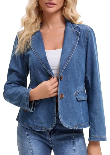 CIMUK Women's Denim Jacket Notched Lapel Collar Long Sleeve Button Lightweight Fitted Denim Blazer X-Large Blue