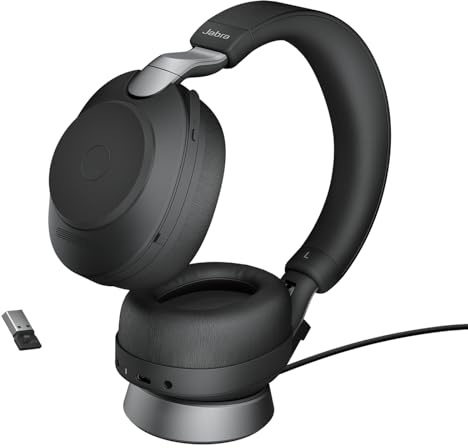 Jabra Evolve2 85 Wireless PC Headset with Charging Stand– Noise Cancelling UC Certified Stereo Headphones – USB-A Bluetooth Adapter – Black (Renewed)