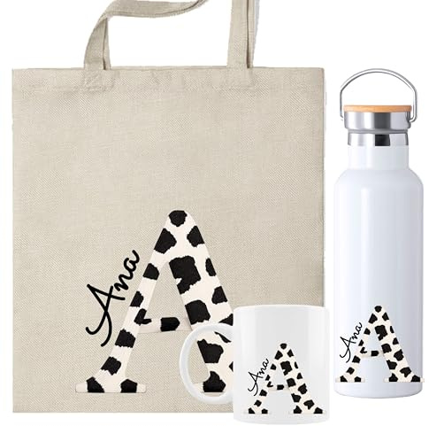 Set Personalizado con Inicial y Nombre, Bolsa de Tela + Taza 350ml con Diseño Floral de Rosas Rojas, Opción Botella Térmica, Regalo San Valentín (Pack Vaca)