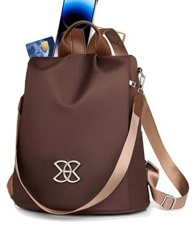 Stöldskyddad ryggsäck - nylon, 14,5 tum, 530 g, lätt axelrem för kvinnor, vattentät reseryggsäck, resor, kontor, arbete, skola, högskola, shopping, vandring, utomhus, casual, promenader, kastanj, Se
