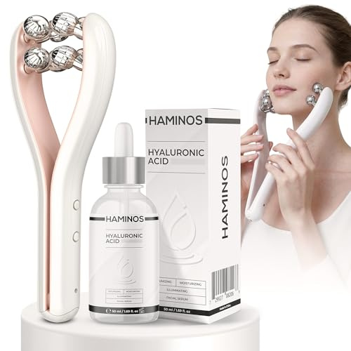 HAMINOS Massaggiatore Viso a Microcorrente con Siero Acido Ialuronico, Massaggiatore Facciale per Viso e Collo con Rullo 3D, 3 Livelli di Intensità, USB-C, Siero con Niacinamide