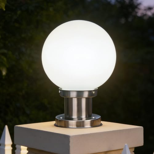 TkTsjtle 7,8-Zoll-Kugelförmige Außenleuchte, E27-Acryl-Pfostenleuchte mit Edelstahlfuß, IP65 wasserdichte Sockelleuchte, moderne Außenbeleuchtung für Terrasse, Zaun und Garten
