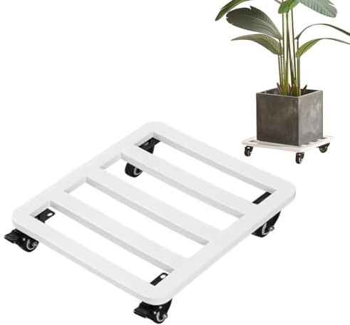 Kraftigt växtstativ i metall med hjul, rullande trädgårdsvagn för blomkrukor, mobil växtvagn för inomhus- och utomhusbruk (vit, 40 x 40 cm)