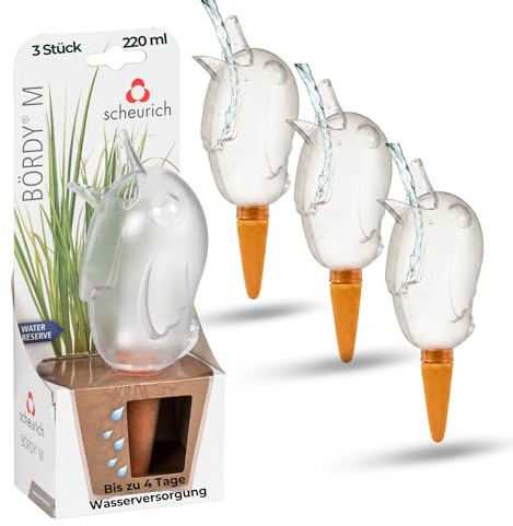 Scheurich Wasserspender Bördy M | 3 x Klar | 220ml Füllmenge | Bewässerungskugel klein mit Ton Fuß | Wasserspender Pflanzen und Blumen Terrakotta Stiel